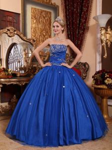 Simple Blue Strapless Taffeta and Tulle Appliques Quinceanera Ball Gown