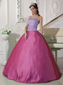 Fuchsia Ball Gown Sweetheart Floor-length Tulle Beading Quinceanera Dress