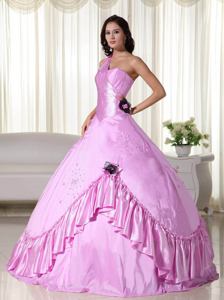 Pink Ball Gown One Shoulder Beaded Taffeta Quinceanera Dress Floor-length