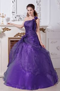 Purple A-line Beading One Shoulder Taffeta and Organza Quinceanera Dresses
