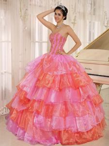 Ruffled Layers and Appliques Decorated Pink and Orange Quinceanera Dress