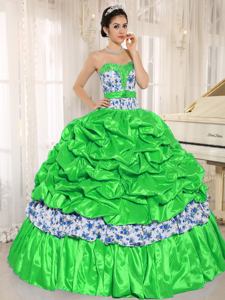 Beaded and Pick-ups For Spring Green Dress For Quinceanera with Printing