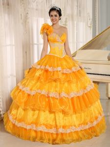 Flower One Shoulder Appliques and Ruffled Layers Orange Quinceanera Dress