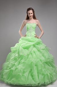 Spring Green Ball Gown Strapless Organza Beading and Ruffles Sweet 15 Dresses