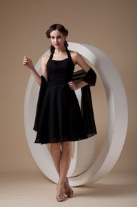 Popular Black Halter Knee-length Quince Dama Dresses with Ruche in Boise