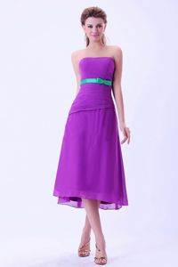 Special Purple Strapless Tea-length Damas Dresses with Green Belt in Bronx