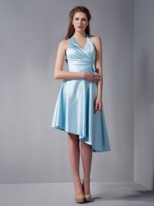 Lovely Baby Blue Halter Asymmetrical Ruched Dresses For Dama with Bow
