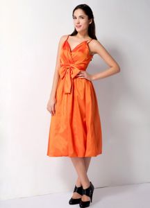 Low Back Orange Tea-length Prom Dresses For Dama with Straps and Bow