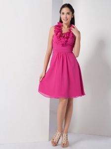Hot Pink Ruffled Halter Knee-length Cocktail Dresses For Dama with Ruche