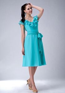 Popular Turquoise Ruffled V-neck Tea-length Dresses For Damas with Sash