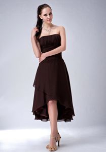 Elegant Brown Ruched Strapless High-low Quince Damas Dress in Burlington