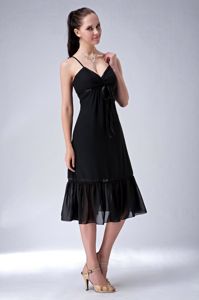 Sexy Black Tea-length Formal Dress For Dama with Straps and Sash in Erie