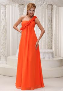 Orange Red Empire Asymmetrical-Shoulder Ruched Dama Dress with Flowers in forfar