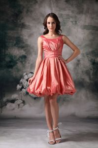 A-Line Mini-Length Coral Scoop Lace-up Dama Dress with Ruching in Evanton
