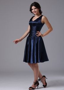 Modest Zipper-up V-neck Navy Blue Short Dama Dress in Florence USA