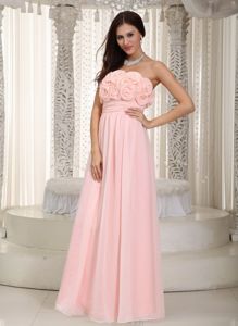 Strapless Baby Pink Long Chiffon Dresses for Damas with Flowers on Bodice