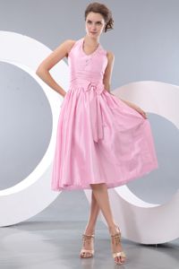 Pink Halter Tea-length Taffeta Dresses For Damas with Beading and Bowknot