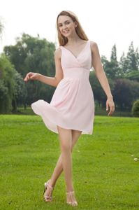 Mini-length Baby Pink Empire V-neck Dama Dress in Ilave Peru with Ruches