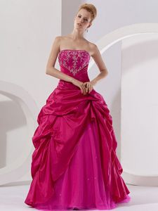 Strapless Hot Pink Floor-length Quinceaneras Dress with Pick-ups in Bronx