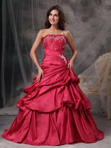 Strapless Coral Red Floor-length Quince Dresses with Beading and Pick-ups