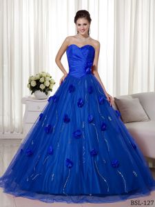 Sweetheart Royal Blue Brush Train Quinces Dresses with Flowers in Trenton