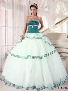Turquoise and White Beaded Strapless Long Quinceanera Gowns in Wayne