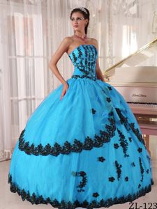 Pretty Strapless Aqua Blue Full-length Quince Dress with Appliques in Taos