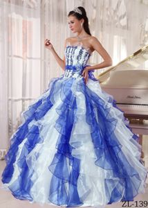 Colorful Appliqued Strapless Long Sweet 16 Dresses with Ruffles and Sash