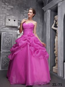 Fuchsia Beaded Sweetheart Long Quince Dresses with Flowers and Pick-ups