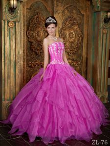 Hot Pink Appliqued Strapless Full-length Quince Dress with Ruffles in Troy