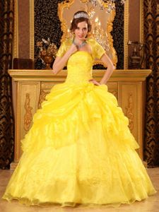 Elegant Yellow Appliqued Strapless Floor-length Quince Dress with Pick-ups