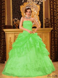 New Spring Green Strapless Full-length Sweet Sixteen Dress with Appliques