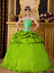 Olive Green Appliqued Strapless Floor-length Quinces Dresses with Pick-ups