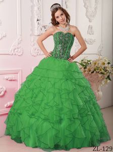 Dark Green Beaded Sweetheart Full-length Quinceanera Gown with Ruffles