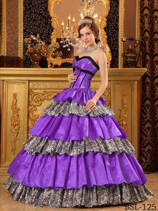 Special Sweetheart Leopard Purple Long Quinces Dress with Ruffle-layers