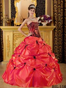 Bright Red Strapless Full-length Quince Dress with Pick-ups and Embroidery