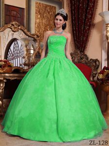 Hot Sale Strapless Green Full-length Quince Dresses with Appliques in Katy