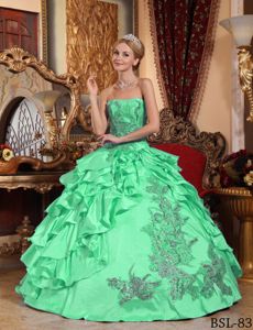 Strapless Apple Green Long Sweet 15 Dresses with Appliques and Pick-ups