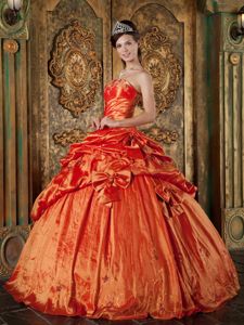 Orange Red Lace-up Long Dresses for Quince with Pick-ups and Bowknots