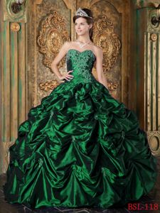 New Appliqued Sweetheart Hunter Green Long Quinces Dress with Pick-ups