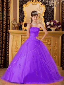Strapless Purple Floor-length Sweet Sixteen Dresses with Beading in Mentor