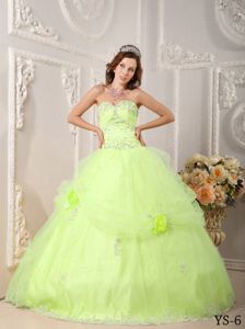 Bright Yellow Green Beaded Sweetheart Long Quinceanera Gown with Flowers