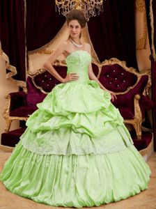 Strapless Yellow Green Long Dress For Quinceanera with Flowers and Pick-ups