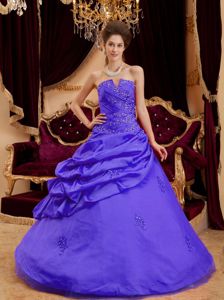 Special Purple Appliqued Strapless Long Sweet Sixteen Dress with Pick-ups
