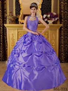 Modest Purple Halter Long Quinces Dresses with Pick-ups and Embroidery