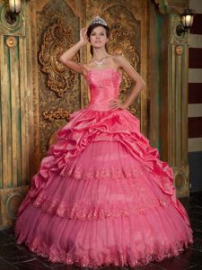 Coral Red Appliqued Sweetheart Floor-length Sweet 16 Dress with Pick-ups
