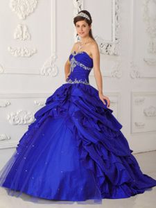 Blue Appliqued Sweetheart Full-length Quince Dress with Pick-ups in York