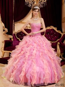 Cute Rose Pink Beaded Sweetheart Long Quince Dress with Ruffle-layers