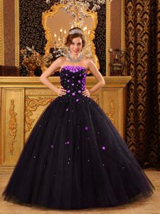 Lovely Strapless Black Floor-length Quince Dresses with Appliques in Troy