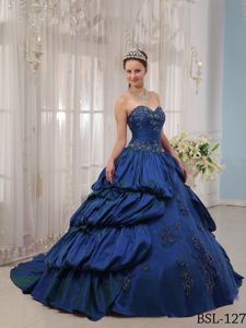 Royal Blue Sweetheart Court Train Quinceanera Gown Dresses with Appliques